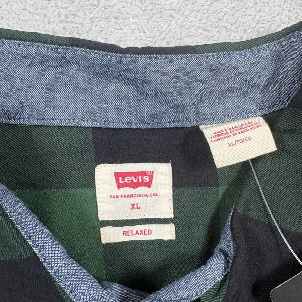 Levis Mens The Worker Relaxed Fit Shirt XL Green Black Buffalo Plaid Pearl Snap